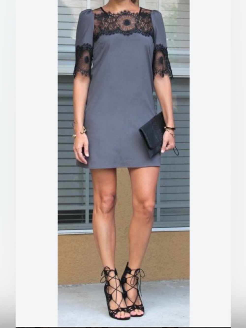 Anthropologie Lil 100% Silk Lace Shift Dress Charcoal Black S/M